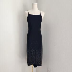 Vintage 90s Jux-A-Pose Black Spaghetti Strap Gold Glitter Sheath Midi Dress XS